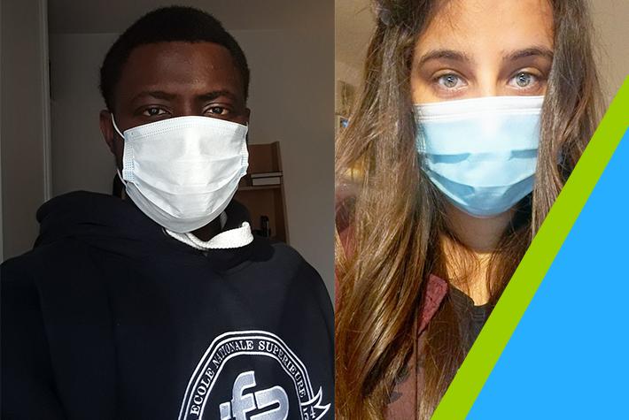 Two IFP School international students wear protective masks. 